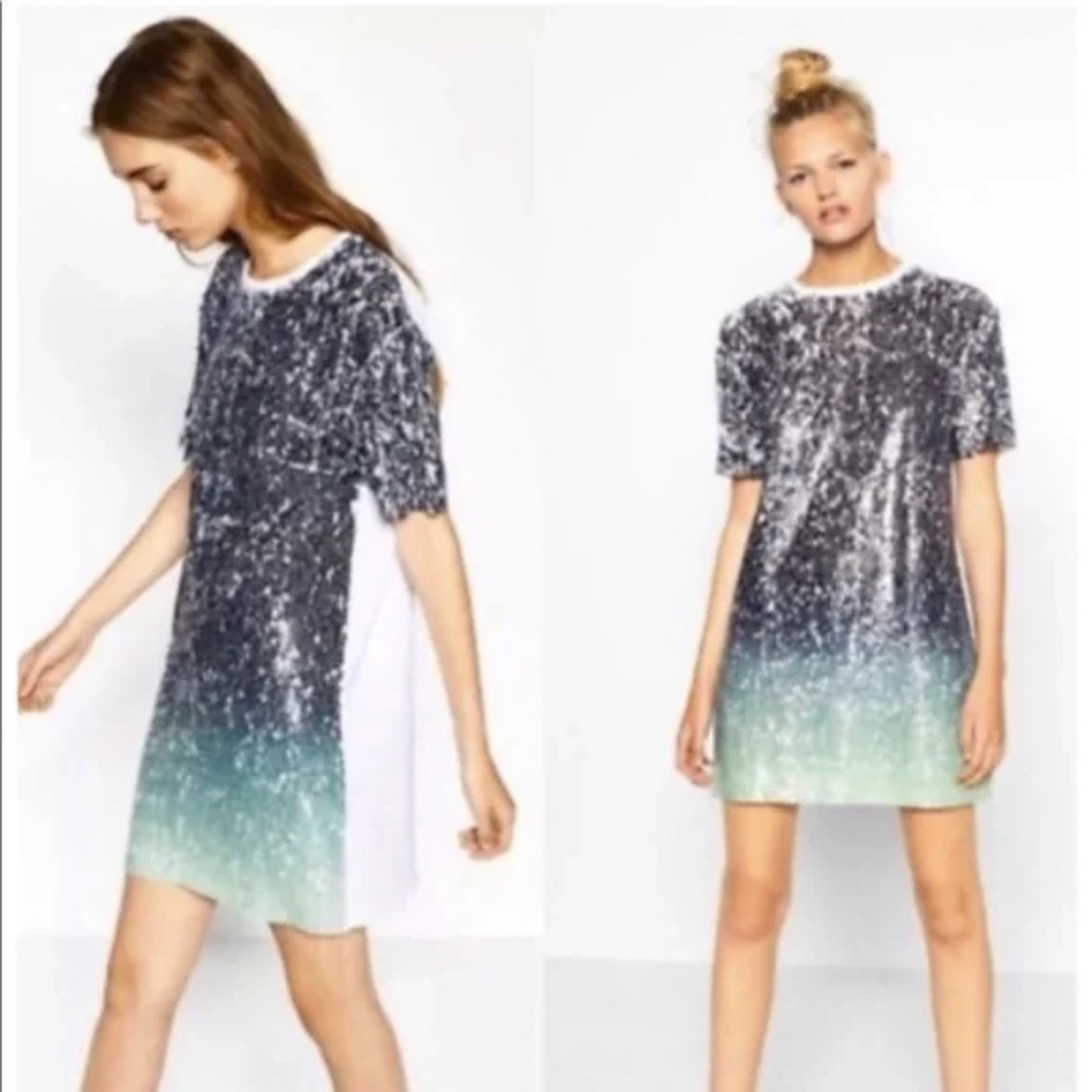ZARA size S blue green ombre sequin white shirt dress 70% cotton